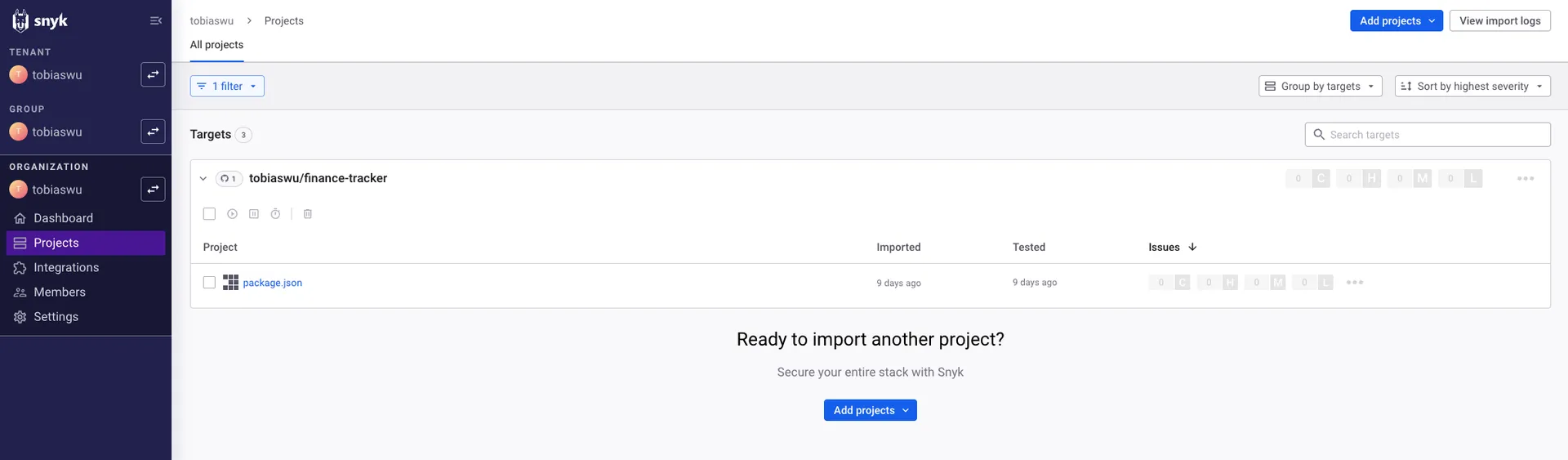 Snyk dasboard showing 0 results for finance tracker app